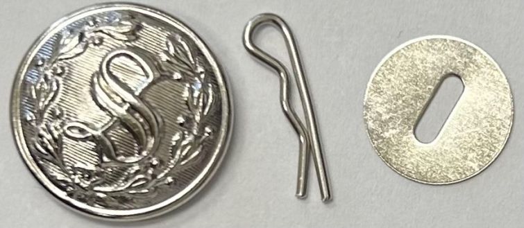 S UNIFORM JACKET BUTTON NICKEL SET - 1 S UNIFORM BUTTON, 1 DISC & 1 COTTER PIN.